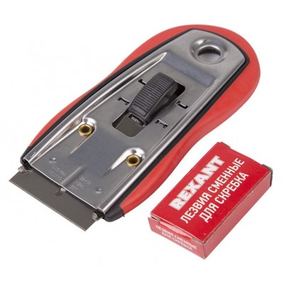 Скребок с выдвижным лезвием обрезиненный корпус 5 запасных лезвий в комплекте REXANT (12-4963) Скребок с выдвижным лезвием обрезиненный корпус 5 запасных лезвий в комплекте REXANT (12-4963)